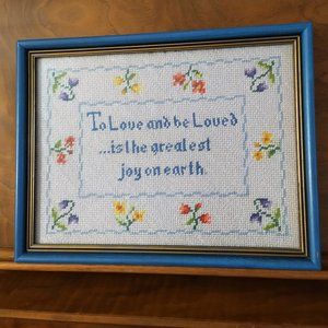 Vintage Framed Wall Hanging “To Love & Be Loved”  Needlepoint Blue Float Frame